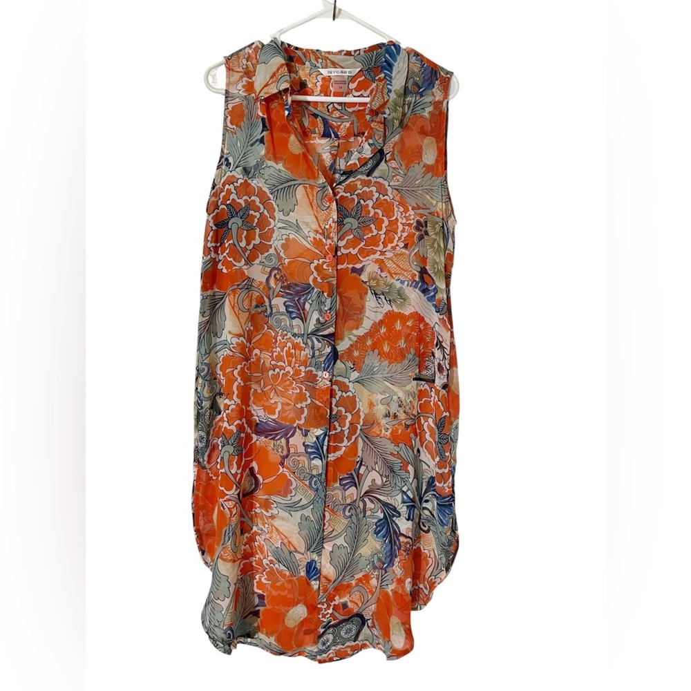 Peter Nygard‎ Orange and Blue Floral Tunic Dress Sz 14 semi-sheer, sleeveless